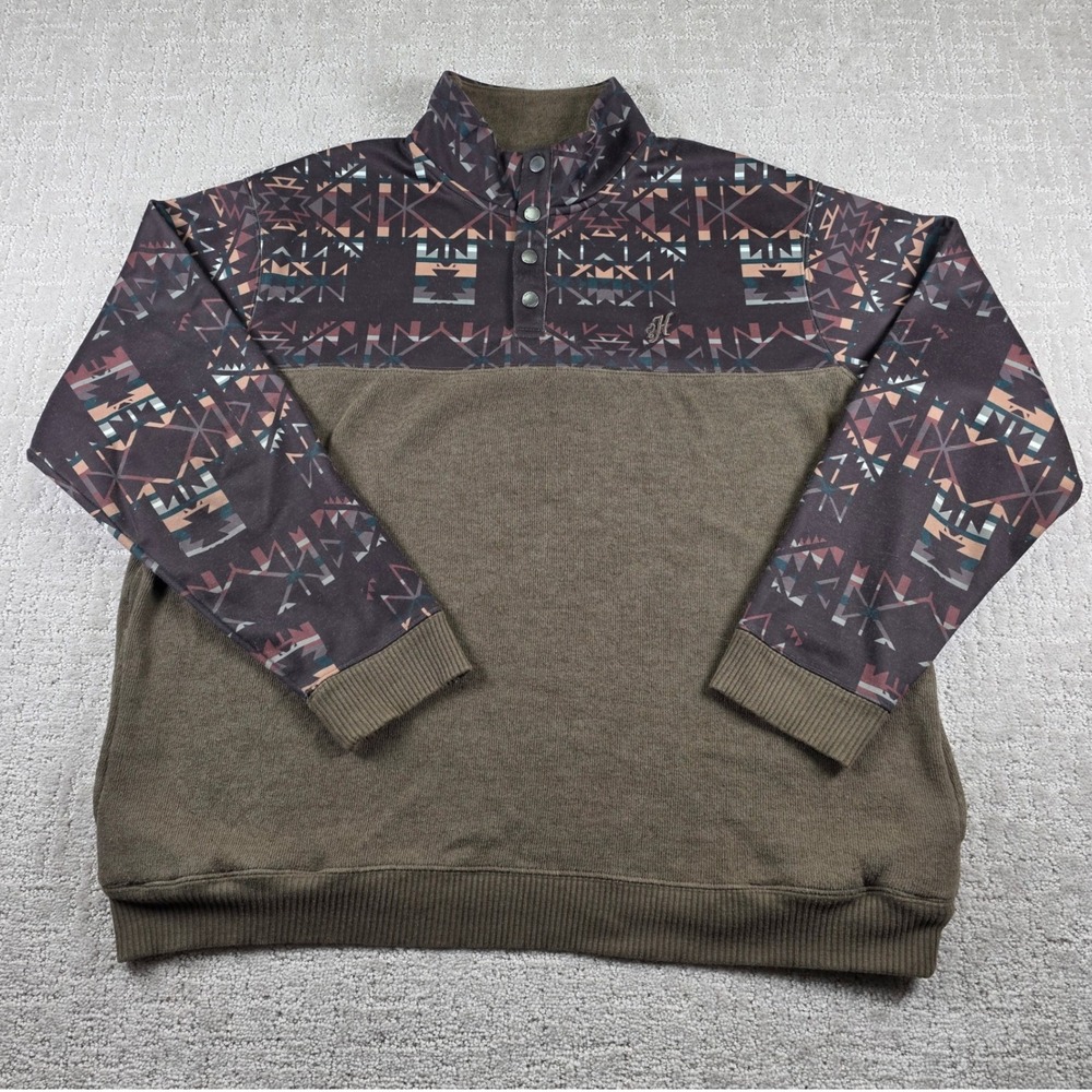 Hooey Mens XL Southwestern Aztec Print Snap Mock Neck Pullover Sweatshirt Olive
